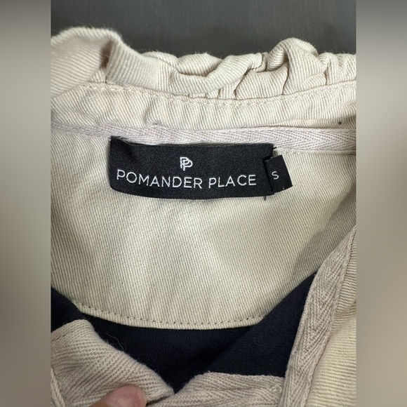 Pomander Place Tuckernuck Charlotte Terry Shirt Dress Navy/Cream Ruffle Collar - Picture 5 of 9